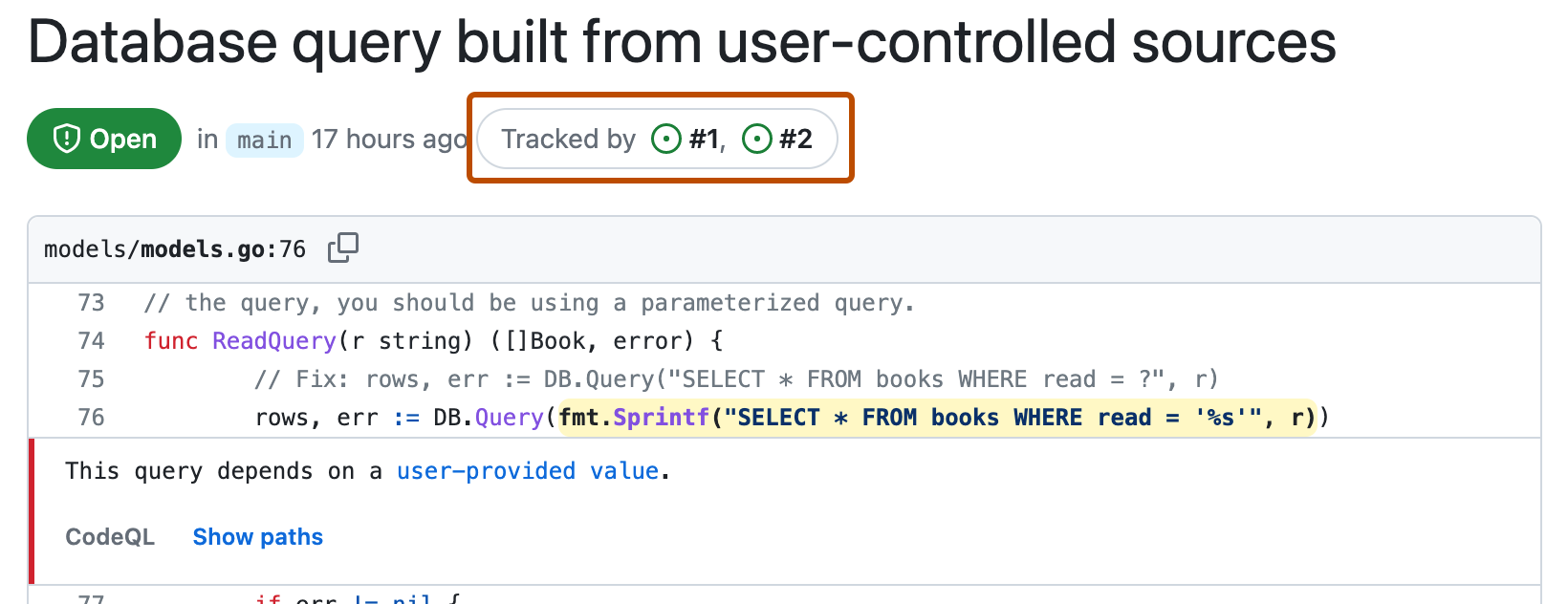 Screenshot of a code scanning alert. Under the alert title, "Tracked by #1, #2" is outlined in dark orange.