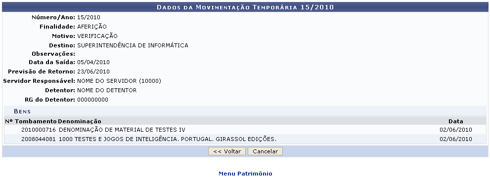 Figura 2: Dados da Movimentação Temporária 15/2010