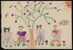 Drawing of people in a garden by Hanka