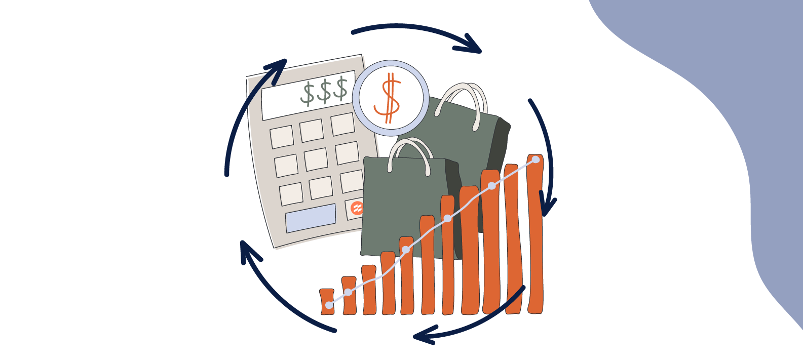 Illustration of a calculator, upward graph, and shopping bags with a dollar sign.