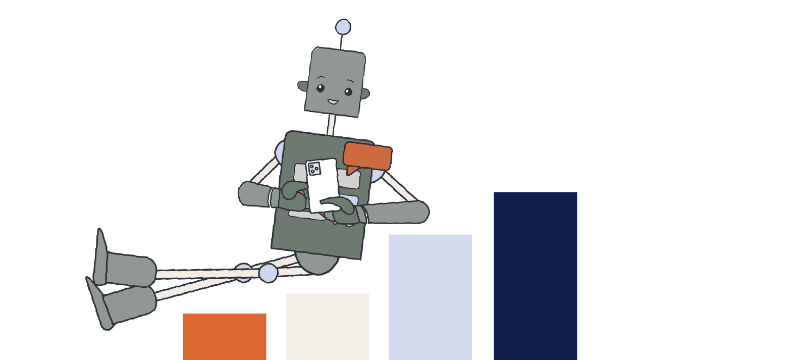 An illustrated robot texting and sitting on an upward bar graph.