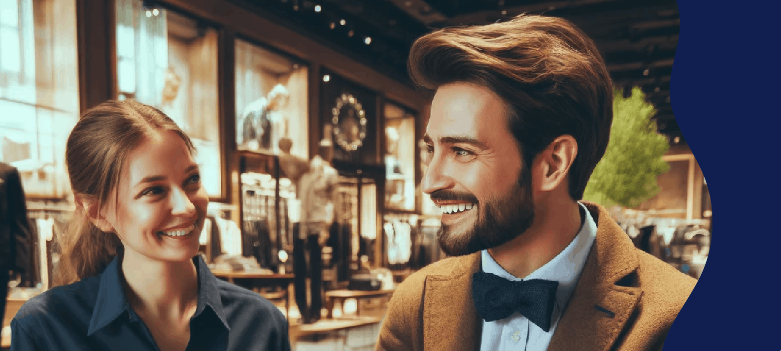 Two people talking at a retail counter