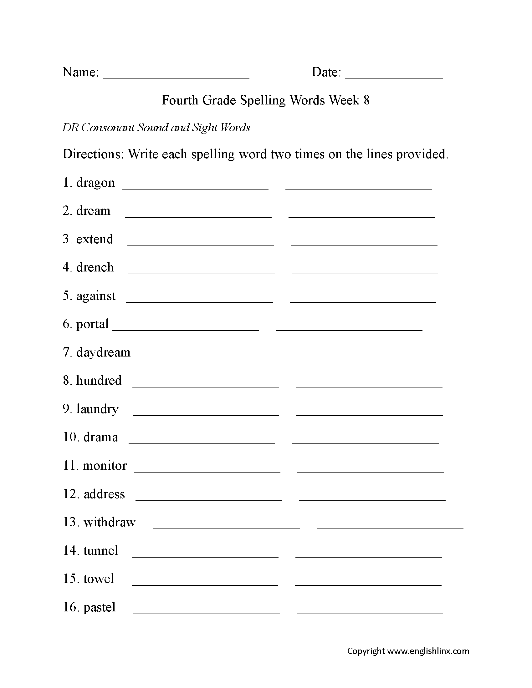 Week 8 DR Consonant Fourth Grade Spelling Worksheets