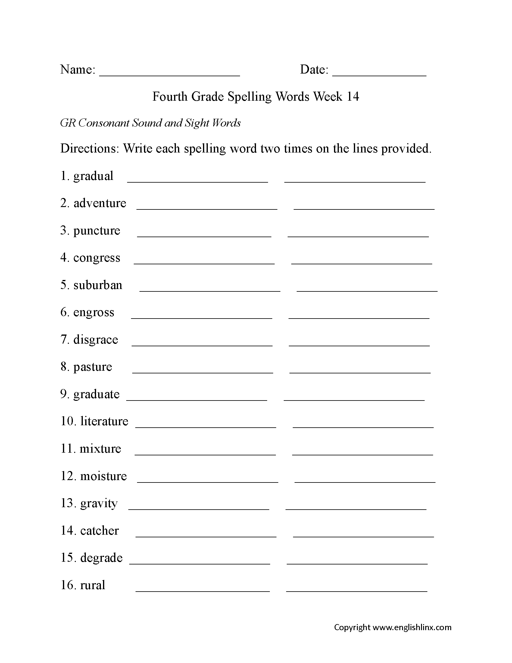 Week 14 GR Consonant Fourth Grade Spelling Worksheets