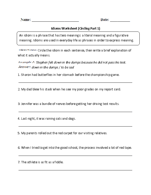 Idioms Worksheet Circling Part 1 Intermediate