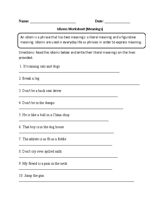 Idioms Worksheet Meanings Part 1 Intermediate