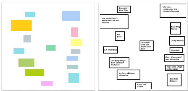 Figure 1: The coloured image used to recognise the different areas on the map, and the visible version of the map.