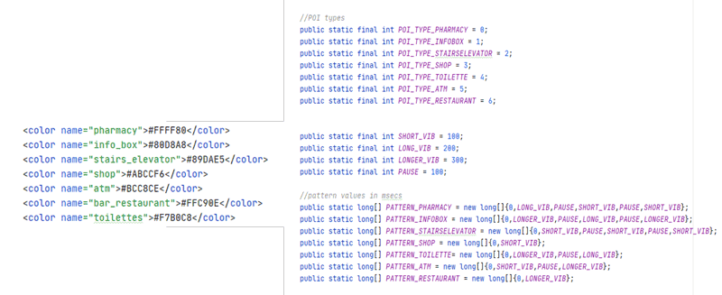 Figure 2: Colour encoding adopted to identify the different categories of POIs and the associated vibration patterns, as they are encoded according to the Android/Java formalism.