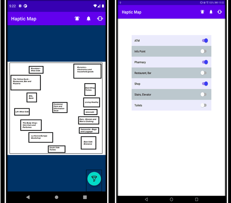 Figure 2: Colour encoding adopted to identify the different categories of POIs and the associated vibration patterns, as they are encoded according to the Android/Java formalism.