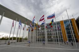 EU flags in front of the new Adenauder building in Luxembourg.