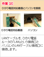 作業【2】
ひかり電話対応機器とパソコンを接続
ひかり電話対応機器
パソコン
LANケーブルを、ひかり電話対応機器の「LAN」という接続口とパソコンのLANケーブル接続口に接続します。