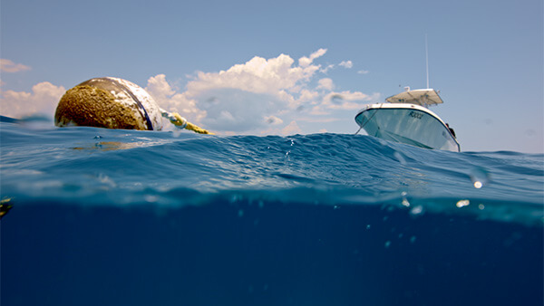 A white buoy floating on the water's surface tethered to a small boat in the distance