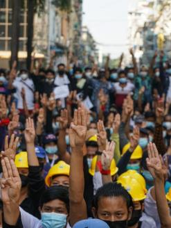 People gather in Myanmar to protest the February 1, 2021 military coup. (Image credit: Stringer/Anadolu Agency via Getty Images)