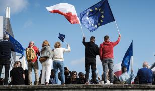 Polish voters gather for the ''March of a Million Hearts,” a pro-democratic rally in Warsaw that gathered up to 1 million participants on October 1, 2023. (Piotr Lapinski/NurPhoto via Getty Images)