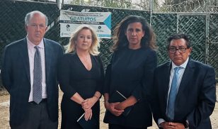 In March 2024, Freedom House executives and trustees visited imprisoned Guatemalan journalist José Rubén Zamora at a military prison in Guatemala City. From left: Michael Abramowitz, Freedom House President, Cater Lee, Secretary of the Board of Trustees, Nicole Bibbins Sedaca, Executive Vice President at Freedom House, and Gerardo Berthin, Vice President of International Programs at Freedom House. Photo credit: Edgar Ortiz Romero