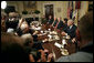 President George W. Bush talks with the press after discussing Iraq with former Secretaries of State and Defense in the Roosevelt Room Friday, May 12 ,2006. "Since we last met, a unity government is now in the process of becoming formed. I've got great hopes about this unity government," said the President. "We've got a Shia as the Prime Minister-designee, a Sunni as the Speaker, a Kurd as the President, all of whom have dedicated themselves to a country moving forward that meets the hopes and aspirations of the Iraqi people." White House photo by Eric Draper