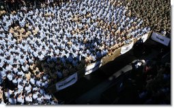 Some of the over 4,000 sailors and Marines gather aboard the USS Bonhomme Richard as they watch and listen to Vice President Dick Cheney as he praised the men and women of Expeditionary Strike Group 1 for their humanitarian relief work following the earthquake in Pakistan and the tsunami in South Asia.  White House photo by David Bohrer