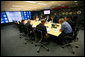 President George W. Bush, joined by Federal Emergency Management Agency Administrator David Paulison, right, and Deputy Administrator Harvey Johnson, left, participates in a briefing on preparations for Hurricane Gustav, at the FEMA National Response Center, Sunday, August 31, 2008 in Washington, DC. White House photo by Chris Greenberg