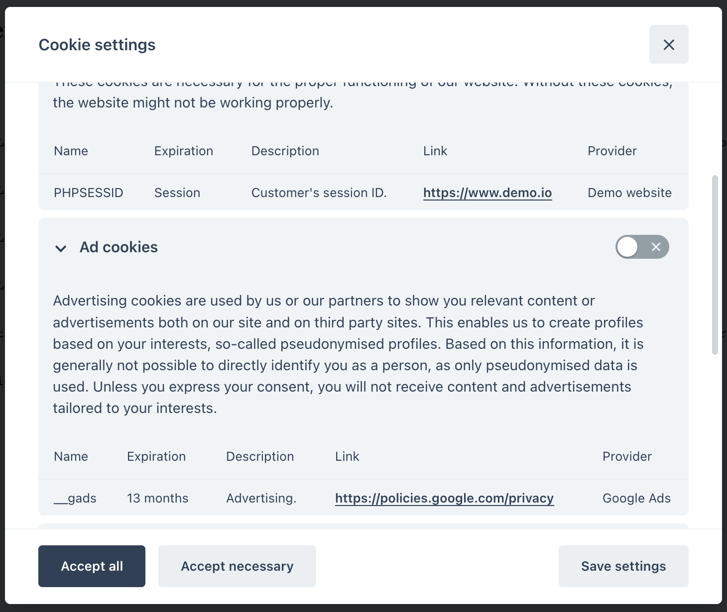 Widget with cookie tables