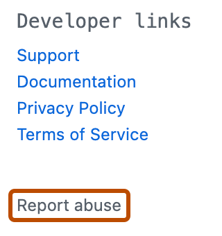 Screenshot of the sidebar of a {% data variables.product.prodname_marketplace %} app. A link, labeled "Report abuse", is outlined in dark orange.