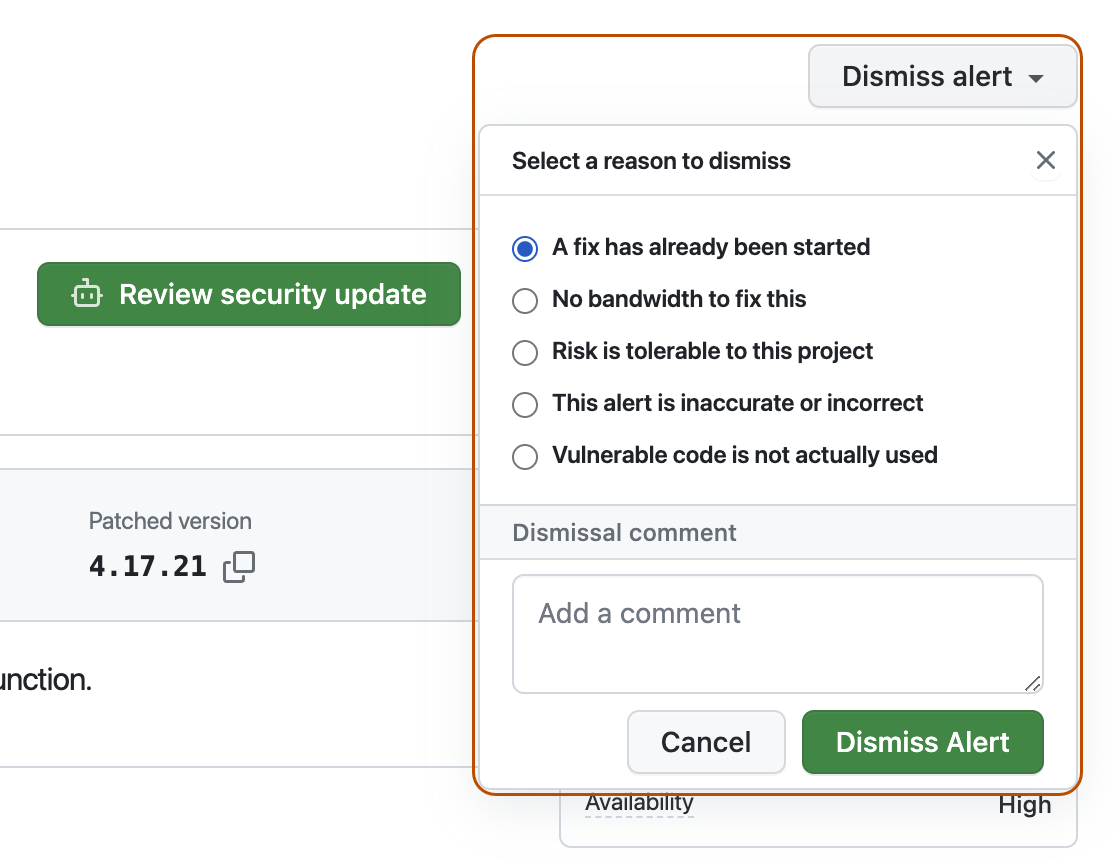 Screenshot of the alert details page with the Dismiss alert button, dropdown menu options, and dismissal comment box highlighted with a dark orange outline.