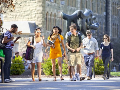 Students walking across campus.