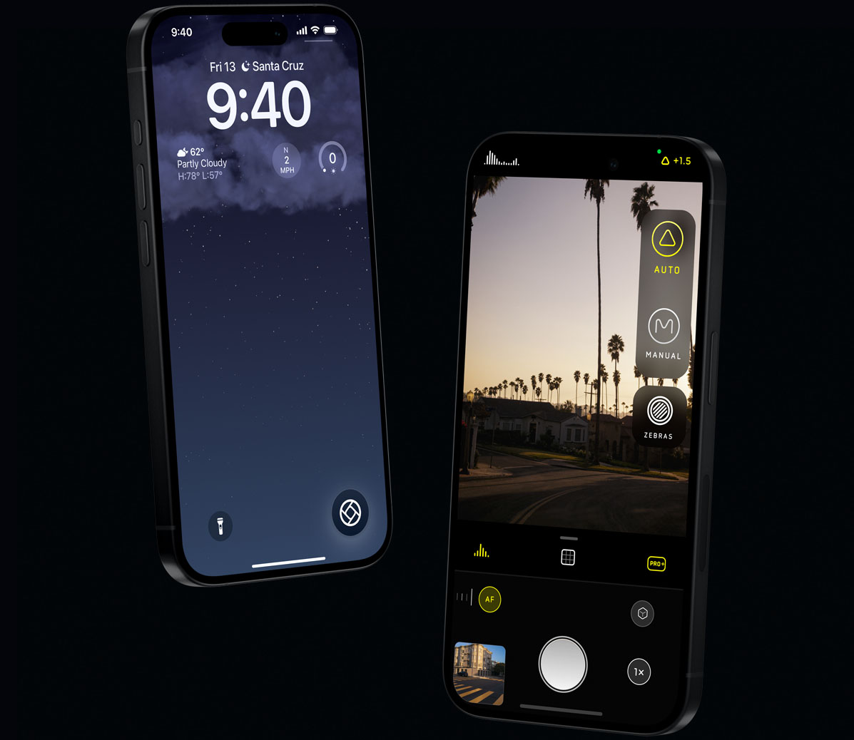 two phones on angled displaying the app halide