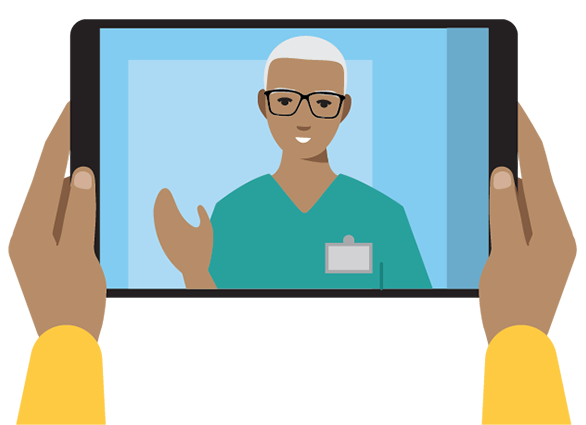 Person holding video tablet chatting with nurse