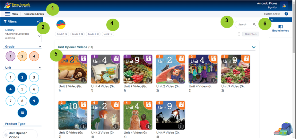 An image of the Resource Library with numbered balloons that correspond to the table below.