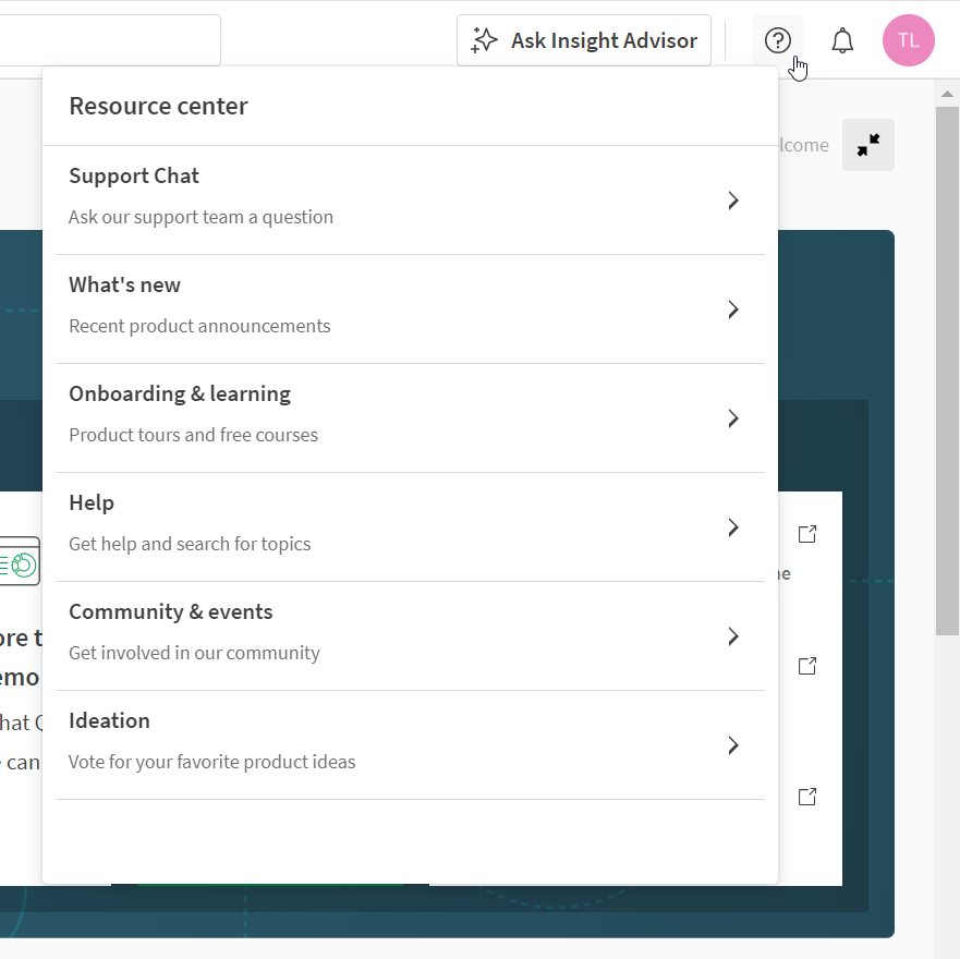 Resoruce Center menu in Qlik Cloud
