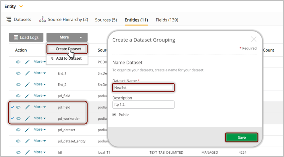 Figure 16 – Create Datasets with Selected Objects