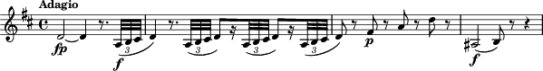 
\relative c' {
  \override Score.NonMusicalPaperColumn #'line-break-permission = ##f
  \key d \major
  \tempo "Adagio"
  \override TupletBracket #'direction = #-1
  \override TupletBracket #'stencil = ##f
  d2~\fp d4 r8. \times 2/3 { a32\f( b cis } |
  d4) r8. \times 2/3 { a32( b cis } d8)[ r16 \times 2/3 { a32( b cis] } d8)[ r16
    \times 2/3 { a32( b cis] } |
  d8) r fis\p r a r d r |
  ais,2\f( b8) r r4
}
