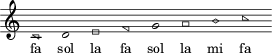 \relative c'' { \clef treble  \override Staff.TimeSignature #'stencil = ##f \cadenzaOn
\southernHarmonyHeads c,1 d e f g a b c } \addlyrics { fa sol la fa sol la mi fa }