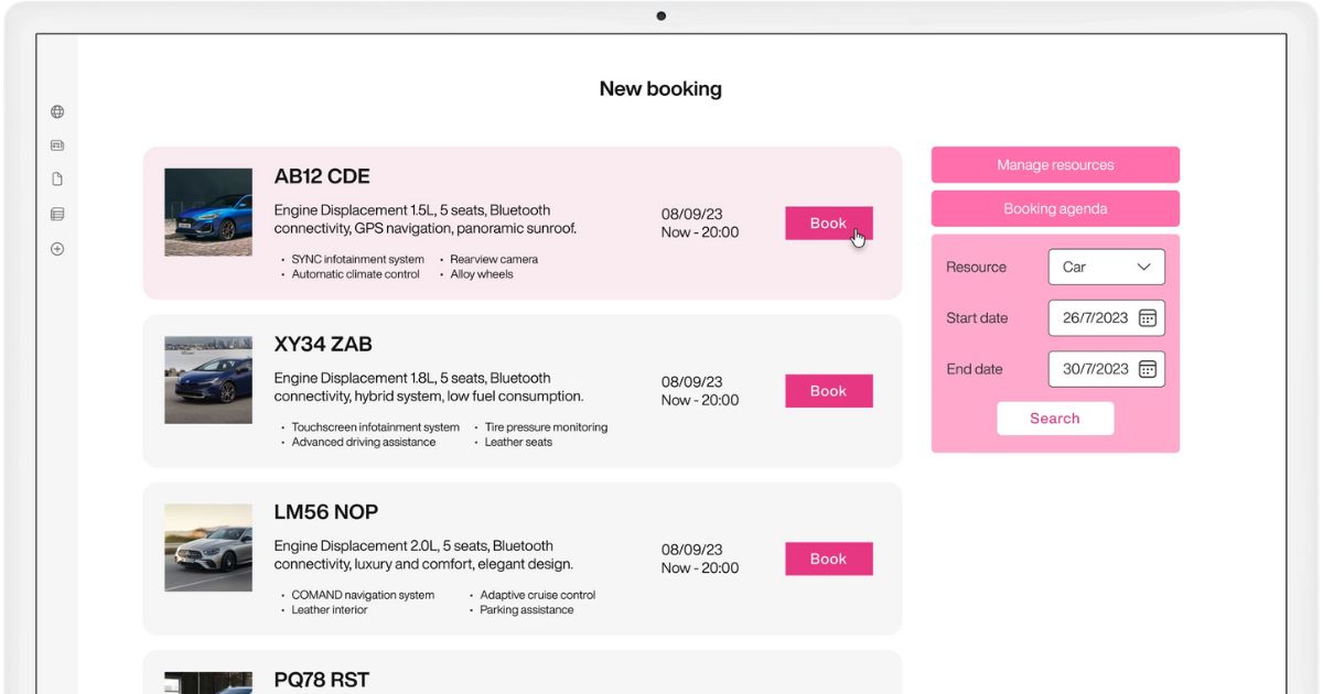 Corporate Vehicle Details in Booking Spaces and Resources by intranet.ai