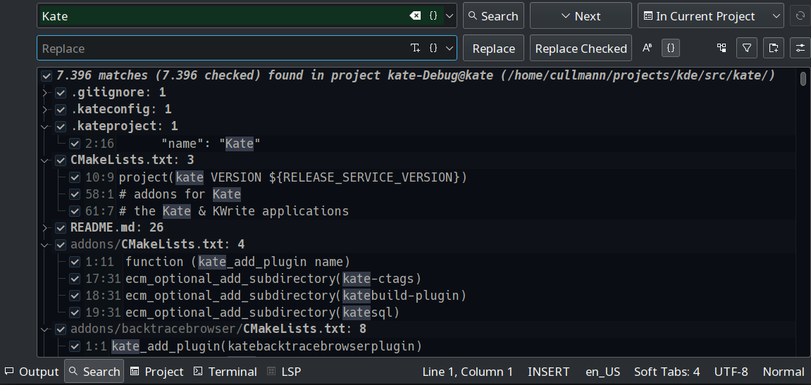 Bildschirmfoto von Suchen und Ersetzen in Kate