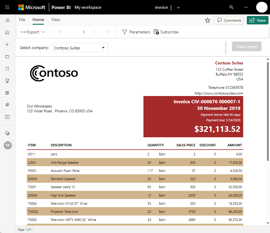 Anzeigen eines paginierten Berichts im Power BI-Dienst.