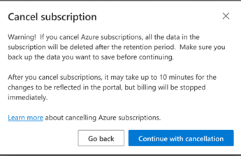 Screenshot that shows the dialog for canceling a subscription, with options to go back and continue with cancellation.