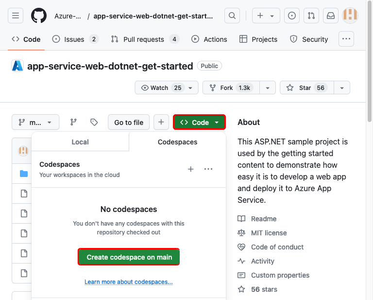 Screenshot showing how to create a codespace in the forked app-service-web-dotnet-get-started GitHub repo.