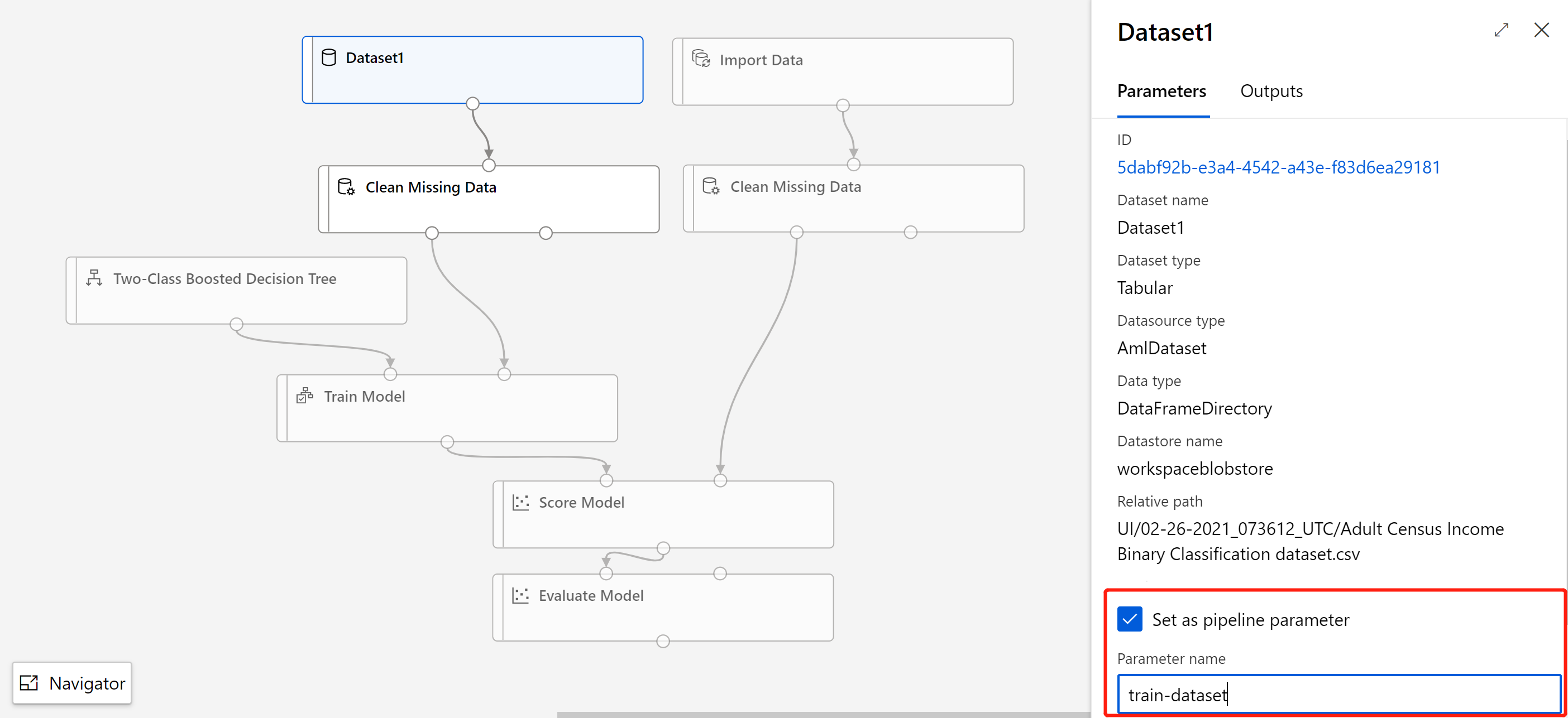 Screenshot that shows how to set dataset as pipeline parameter