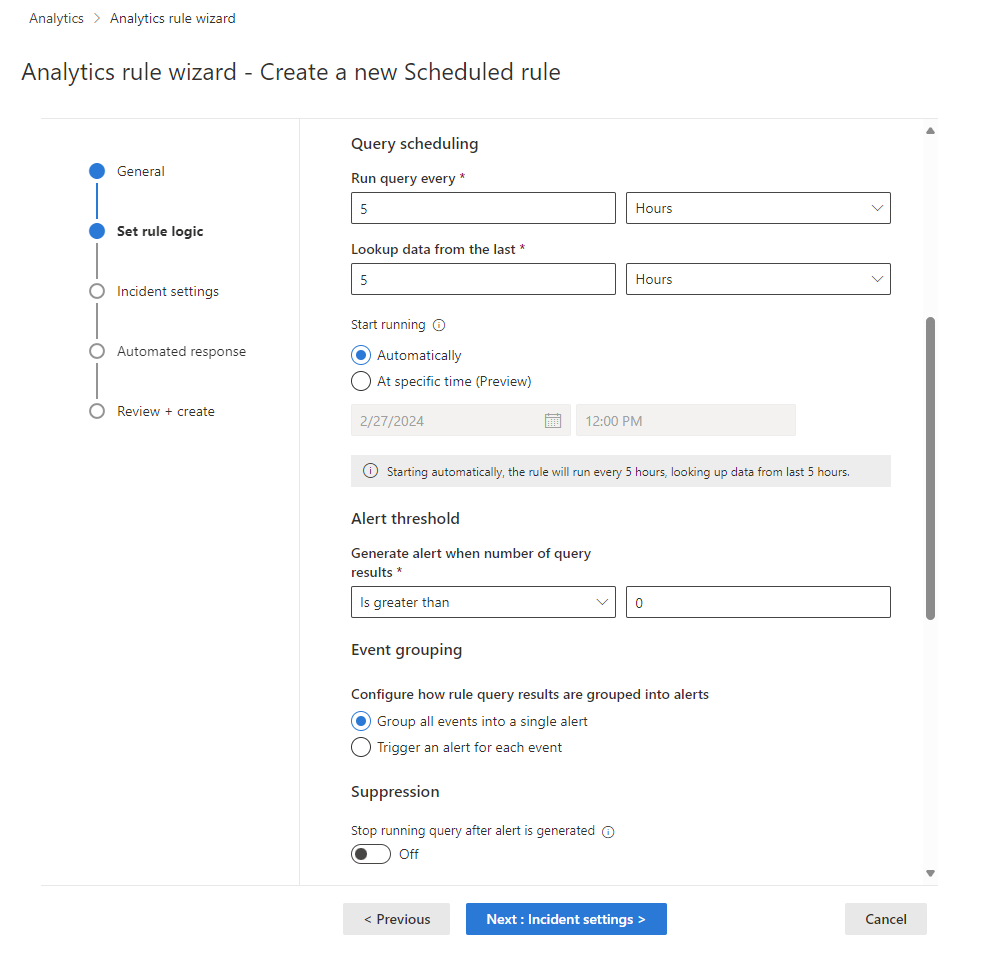 Screenshot of continuation of rule logic screen of analytics rule wizard in the Defender portal.