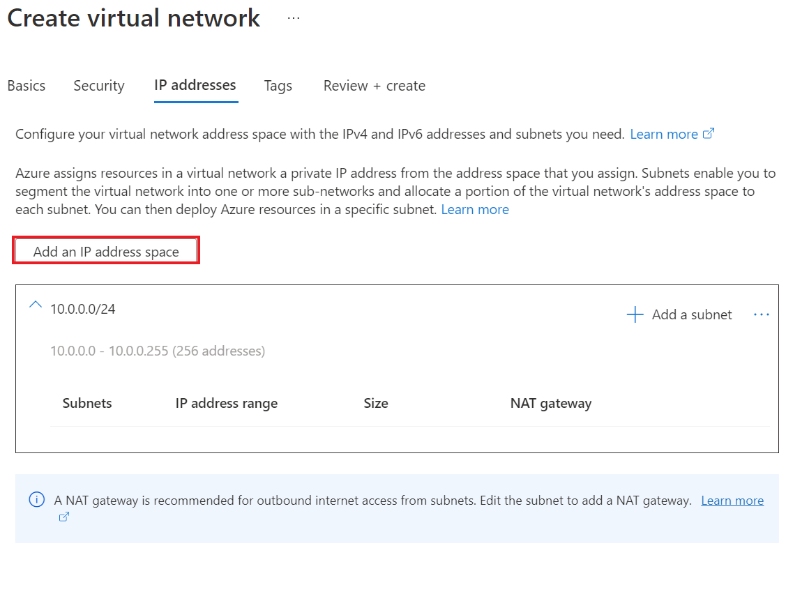 Screenshot that shows adding an IP address space.