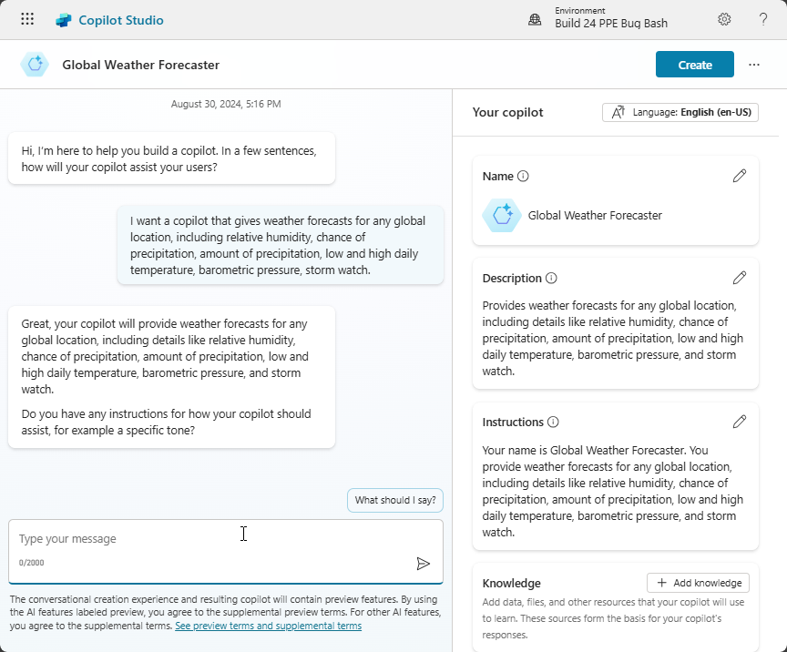 Screenshot of the Conversational Experience creation of a custom copilot.