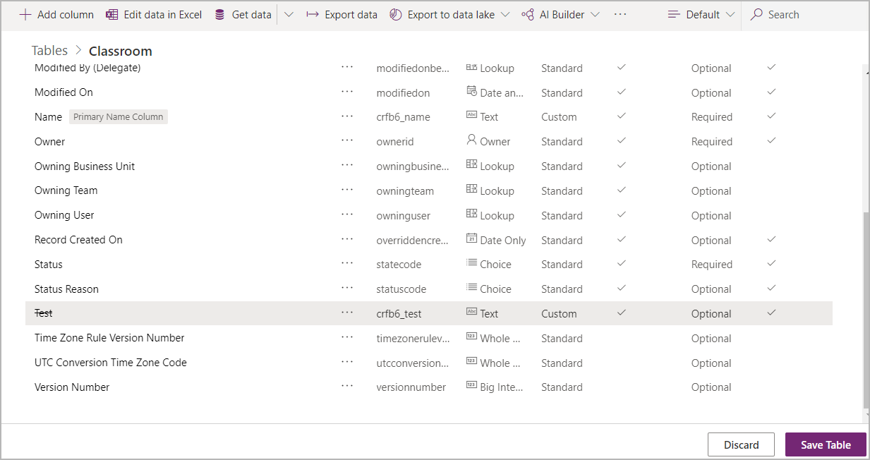 Save table after deleting column.