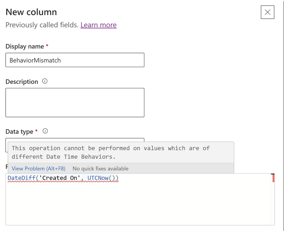 Unsupported date time configuration with a formula column