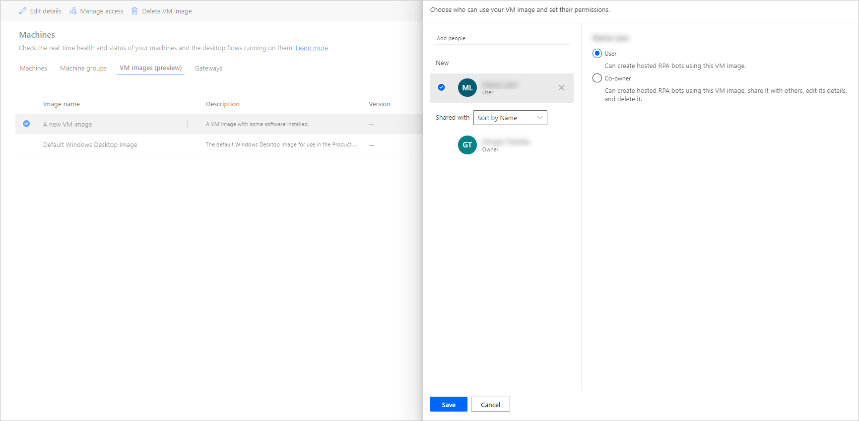 Screenshot of the Manage access dialog of the VM image.