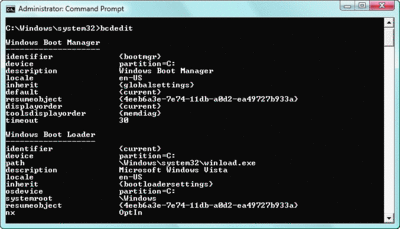 Figure 3 Settings displayed in BCDEdit