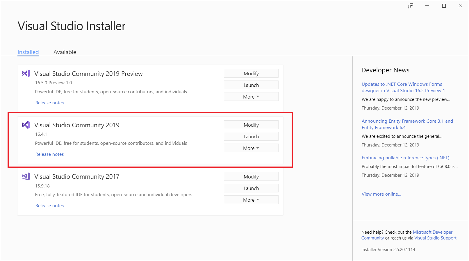 Screenshot showing a list of Visual Studio installations in the Visual Studio Installer.