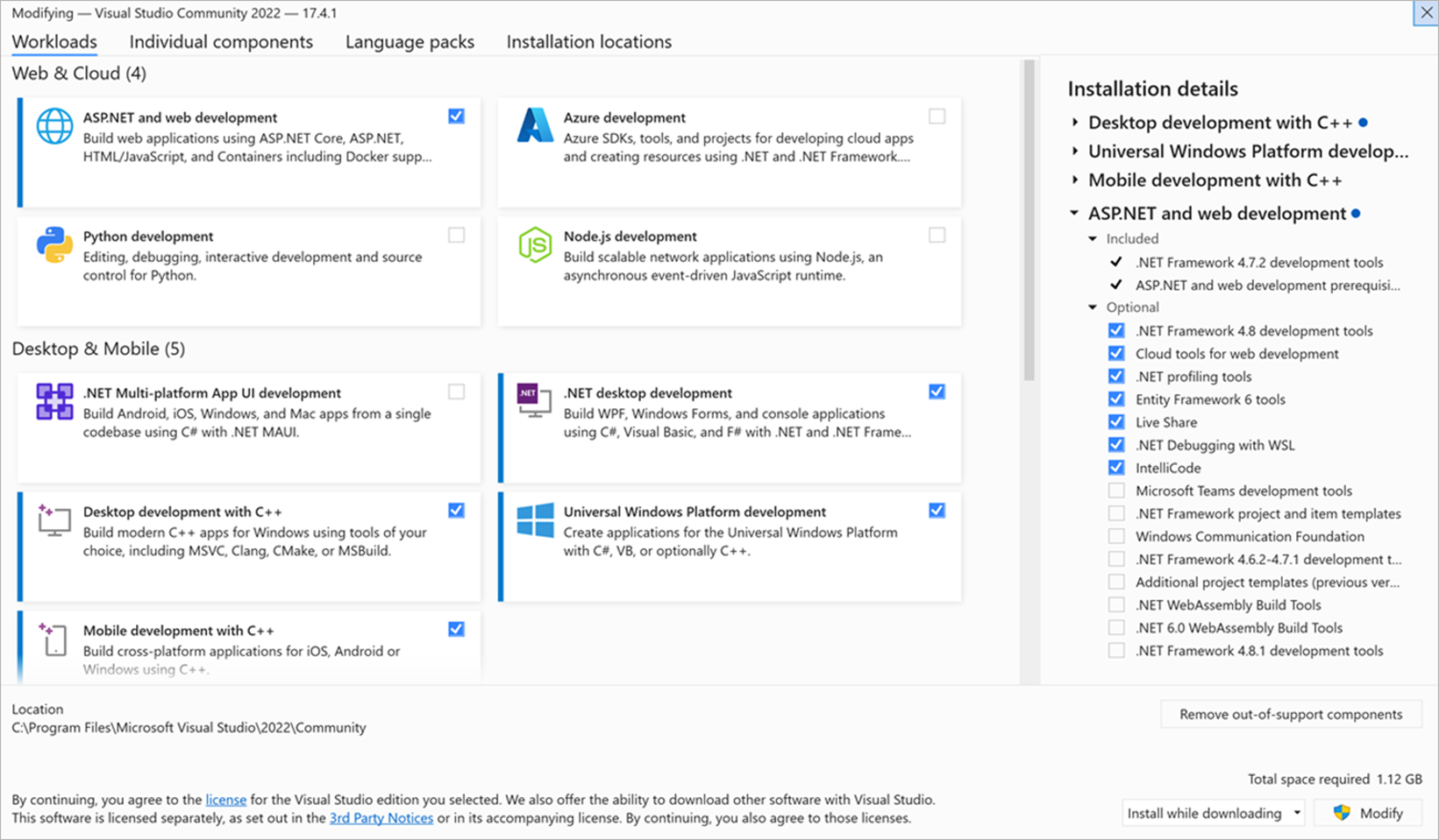 Screenshot showing the Workloads tab of the Visual Studio Installer.