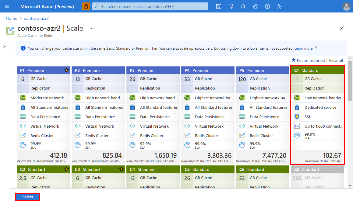 顯示 Azure Cache for Redis 層級的螢幕擷取畫面。