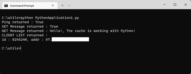 終端的螢幕擷取畫面，其中顯示用來測試快取存取的 Python 指令碼。